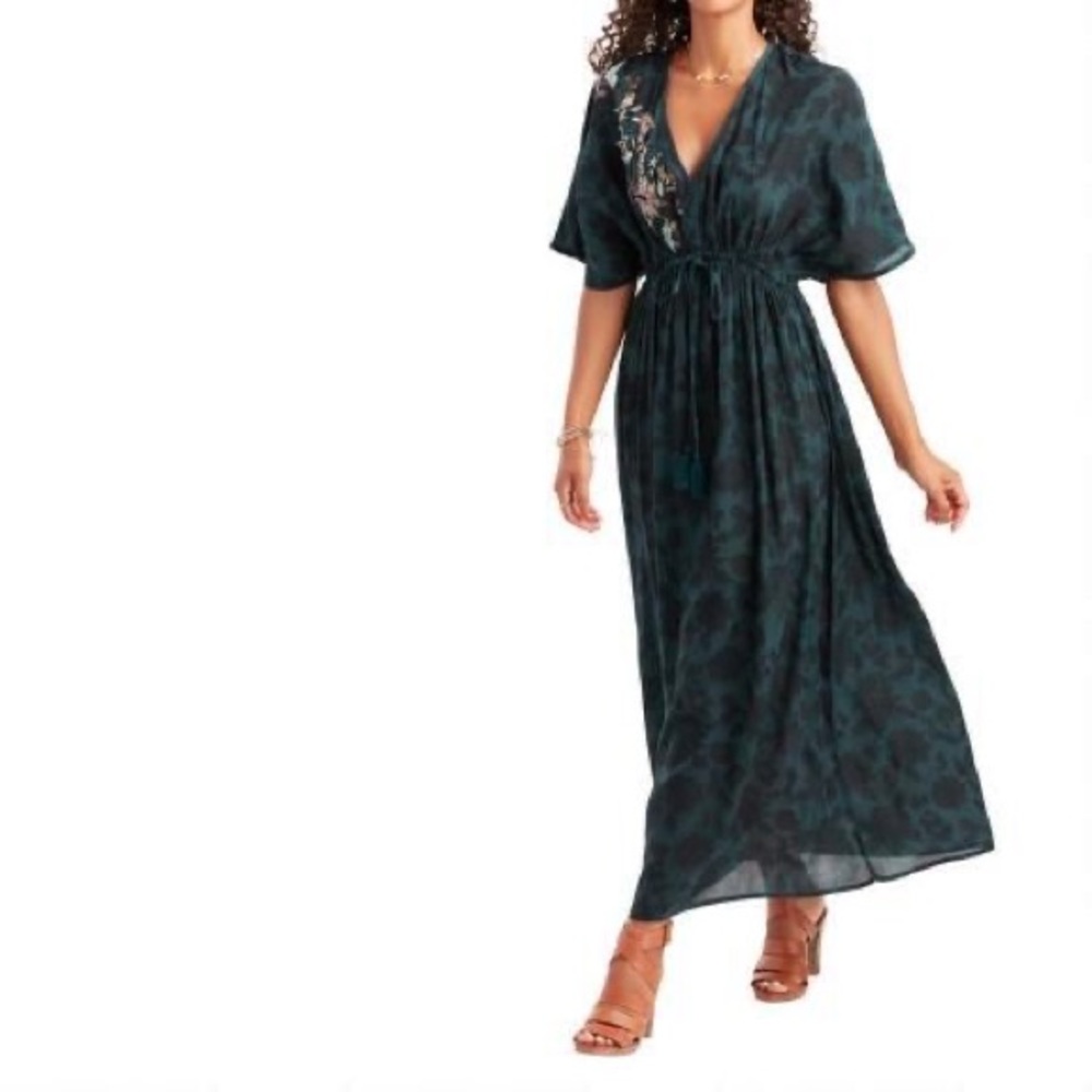 Floral Embroidered Teal Kaftan Dress